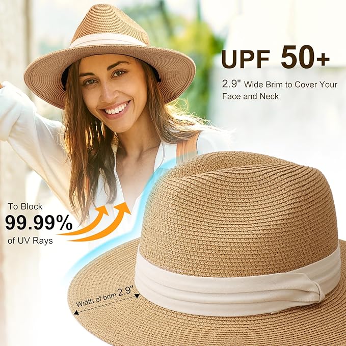 DRESHOW Women Straw Panama Hat Travel Fedora Beach Sun Hat Summer Wide Brim Straw Roll up Hat UPF 50+