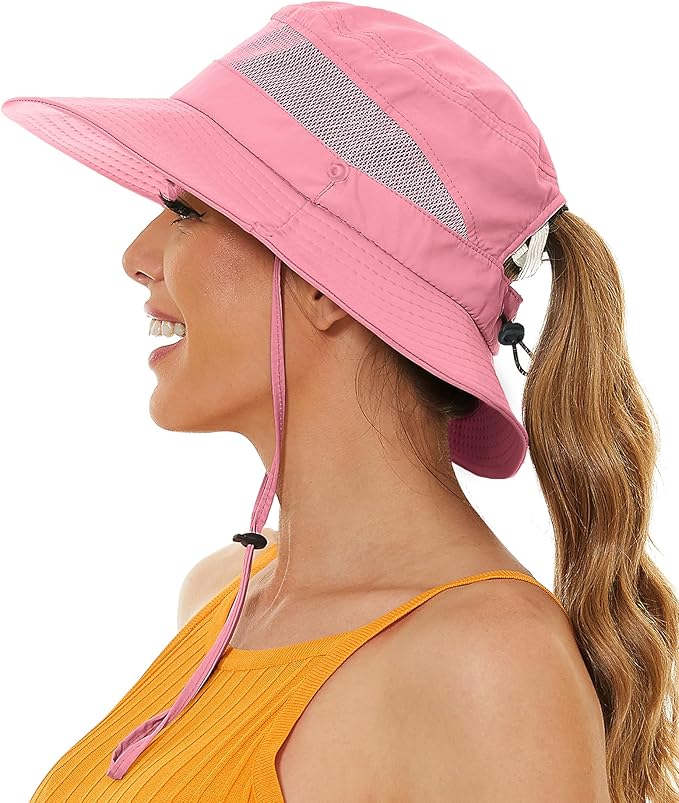 Sun Bucket Beach Hats for Women with Ponytail Hole,Sun Protection UV UPF50+ Waterproof Fishing Safari Hiking Hat