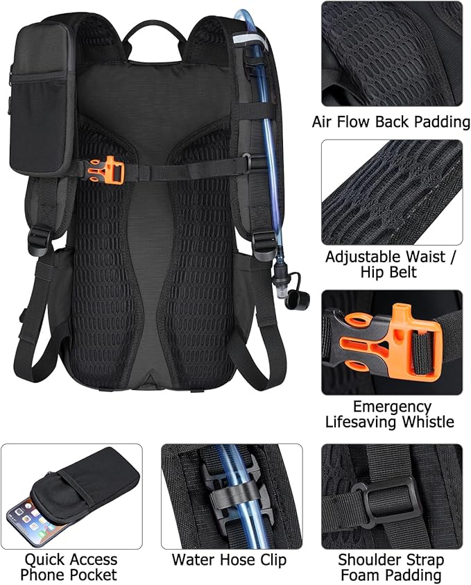 NOOLA Hydration Backpack with 3L Water Bladder - 22L Water Backpack for Hiking, Cycling, Running, Biking - Lightweight Hiking Pack Bag with Rain Cover, Phone Holder and Trekking Pole Holders, Black