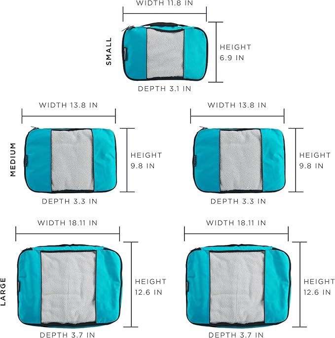 TravelWise Luggage Packing Organization Cubes 5 Pack, Teal, 2 Small, 2 Medium, 1 Large (TWPC-24)