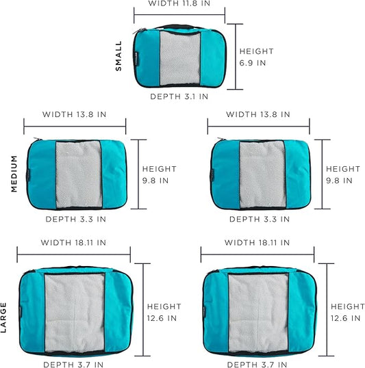 TravelWise Luggage Packing Organization Cubes 5 Pack, Teal, 2 Small, 2 Medium, 1 Large (TWPC-24)