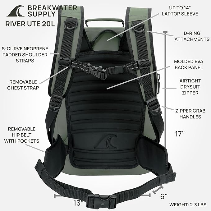 Breakwater Supply™ River Ute Waterproof IP68 Fishing Backpack, Floating TPU Submersible Dry Bag with Padded Hip Belt and Airtight Zippers | 20L (River Ute 20L Marsh Green)