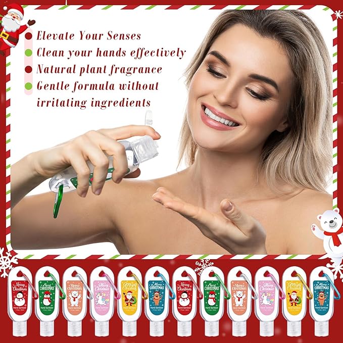 24 Packs Christmas Hand Sanitizers with Keychains Bulk 1 oz Mini Travel Size Hand Sanitizer Keychains Gifts Set Christmas Party Favors Stocking Stuffers for Women Coworkers Friend Family