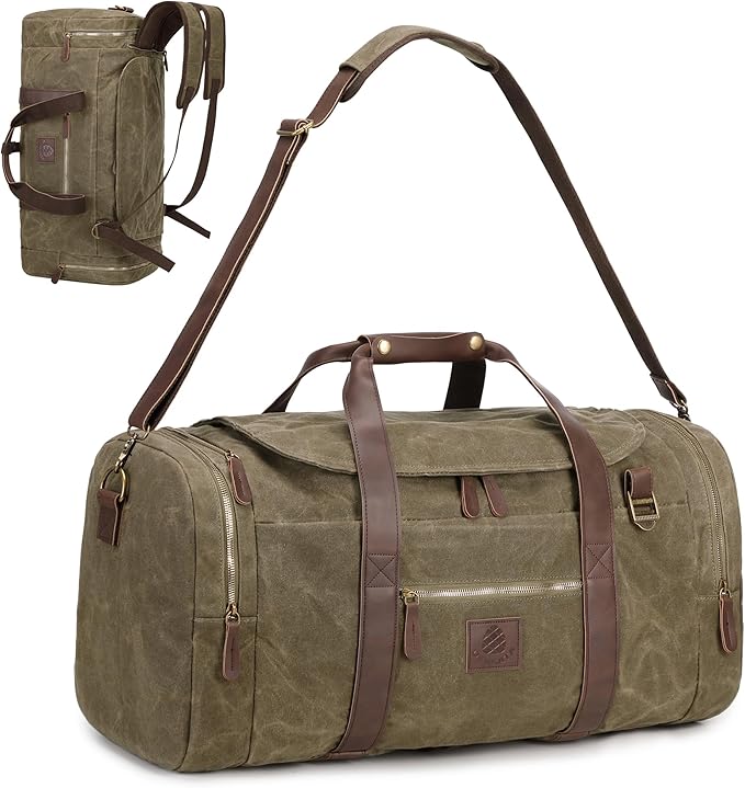 50L Duffle Bag for Men, Nomad Waxed Canvas Travel Duffel Bag Vintage Genuine Leather Travel Handbag Upgraded Weekender Overnight Backpack with Shoes Compartment (Vintage Grey)