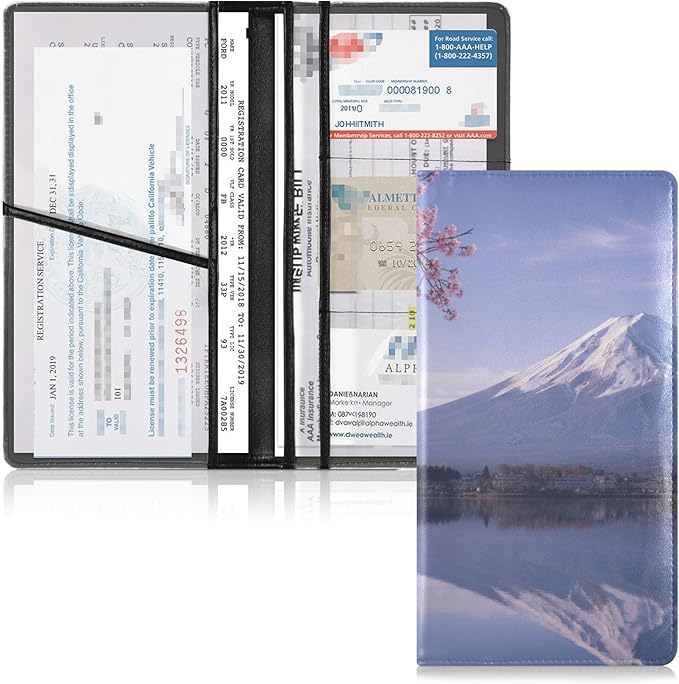 linqin Car Registration and Insurance Card Holder, Fuji Moutain Cherry Blossom Glove Box Organizer Card Document Wallet