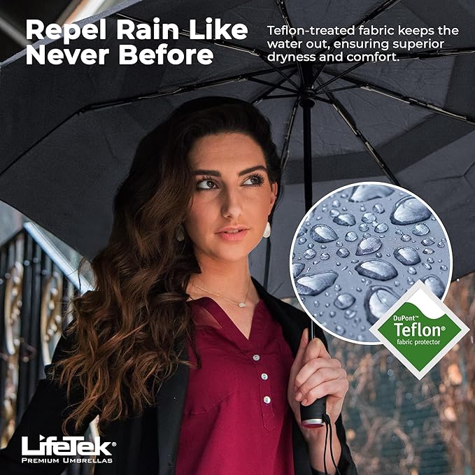 LifeTek Premium Travel Umbrella - Windproof & Compact for Men & Women, Automatic Open Close, Fits in Purse Laptop Bag or Backpack, Strong Frame for Heavy Rain & Sun UV Protection