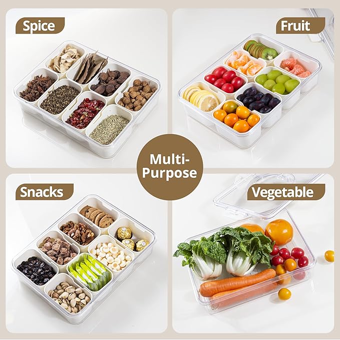 2 Pack Snackle Box Container with 8 Compartments, Clear Divided Serving Tray with Lid and Handle, Snack Bentobox for Charcuterie, Candy, Fruits, Nuts, Picnic, Travel, Beige