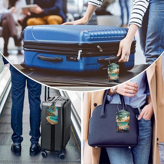 2 Pack Luggage Tag for Suitcase,Summer Beach Palm Tree Luggage Tag with PU Leather Privacy Cover ID Label & Stainless Steel Loop for Women Men Travel Bag Suitcase