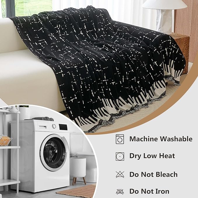 Couch Cover for 3 Cushion Sofa Pet Friendly Furniture Covers, Chenille Sofa Covers Washable L Shape, Boho Couch Blanket Cover with Tassel Decoration, 71"x 134", Black