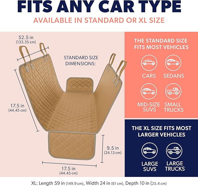 Active Pets Beige XL Dog Car Hammock Back Seat Cover, Waterproof Backseat Cover Protector for Truck Bench Rear of Sedans or SUVs, Essential Pet Supplies Vacuum or Wipe Clean, Machine Washable