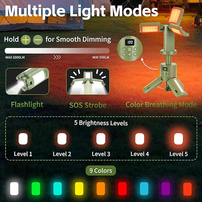 Rechargeable 14000mAh Camping Light & Lantern with Stand, 6000LM Telescoping Camping Tent Light, Cordless Dimmable Waterproof, Magnetic Base/Clip Hook for Hiking Fishing, Emergency Flashlight