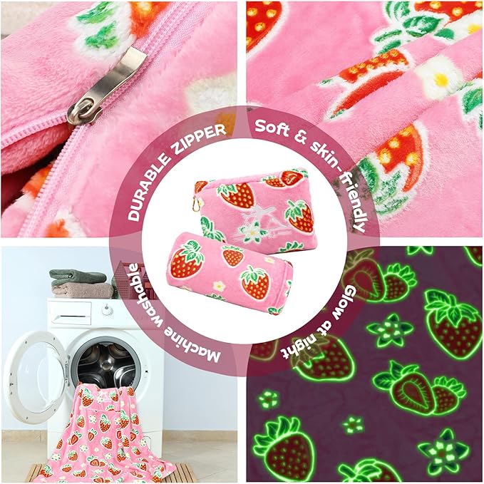 Strawberry Blanket and Pillow Set - Glow in The Dark Kids Travel Blanket Airplane Compact, Soft Fuzzy Pink Fruit Fleece Throws for Car, Plane, Traveling - Cute Strawberry Gifts for Girls 40"x60"