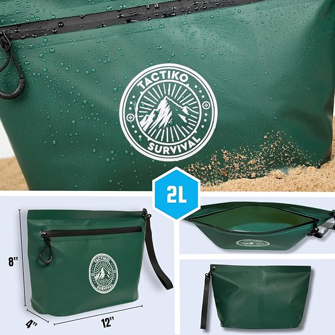 Tactiko 3L Water Resistant Pouch - Waterproof Material w/Splashproof Zipper - Hold All Zipper Bag for Storage, Toiletries, Travel, Beach, Cruise, Home (Green)