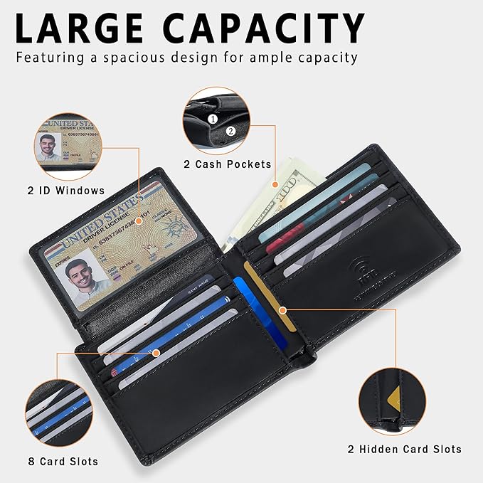 Travelambo Genuine Leather Wallet for Men with Gift Box - Handmade Bifold Stylish - Mens Wallets Rfid Blocking with 2 ID Windows