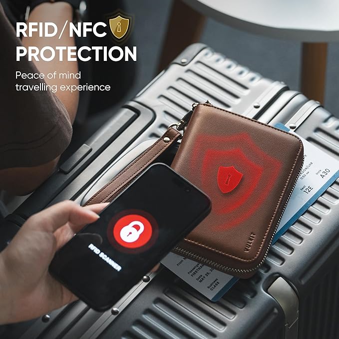 VULKIT Passport Holder for Travel with Airtag Slot, Premium Nappa Leather, RFID Blocking, Zipper Closure with Wrist Strap, Travel Document Organizer