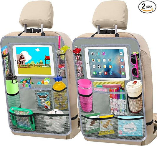 Car Backseat Organizer ，2 Pack Car Organizer Back Seat with 11" Tablet Holder, 10 Storage Pockets Seat Back Protectors Kick Mats for Kids Toddlers, Travel Accessories (Grey)