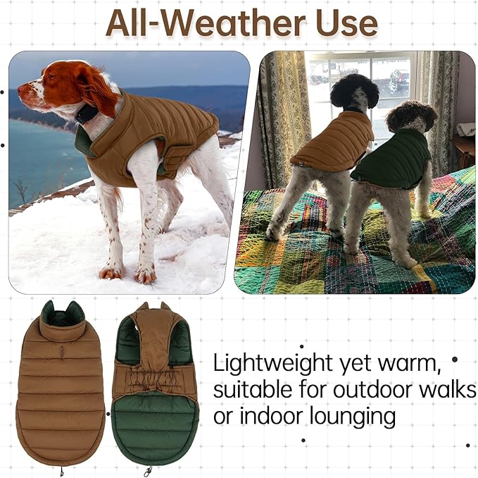 Lelepet Reversible Dog Coat Waterproof Dog Jacket Windproof Puffer Vest for Winter Warm Lightweight Coats for Small Dogs Adjustbale Hook & Loop Pet Apparel with Leash Hole, Shih Tzu, Brown, S
