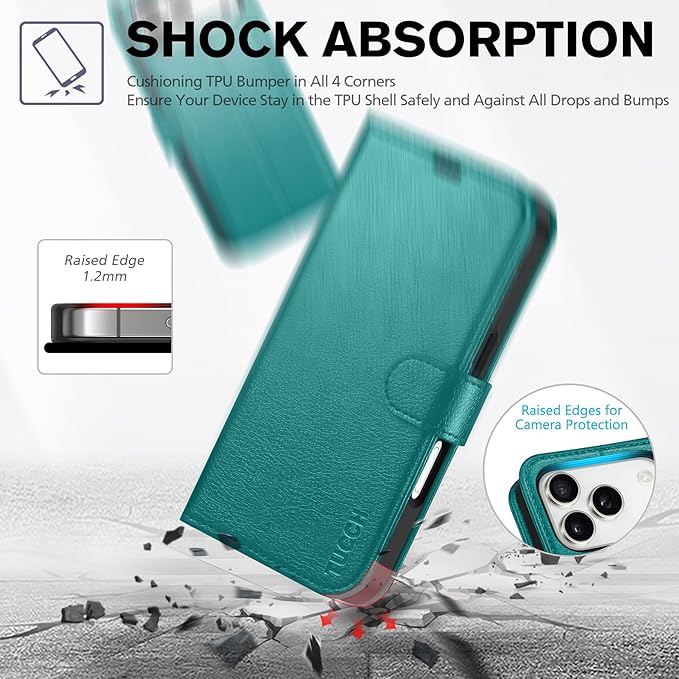TUCCH Wallet Case for iPhone 17 Pro (6.3") 2025, 4 Card Slots | RFID Blocking | Stand | PU Leather | Magnetic Closure | Protective Flip Folio Cover | Shockproof TPU Shell | Cyan