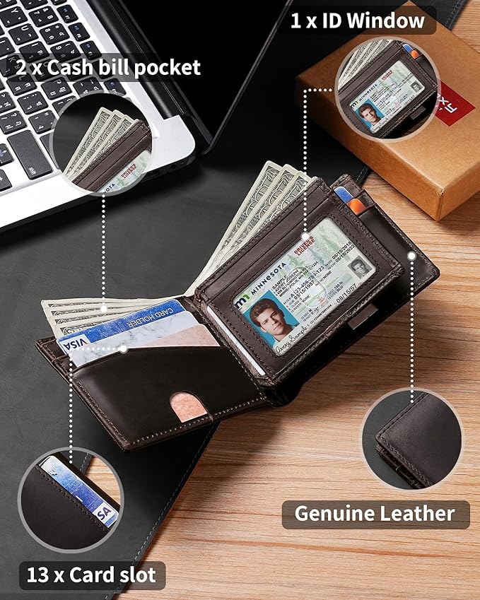 Artpaxy Mens Wallet Bifold Genuine Leather RFID Blocking Wallet for Men with 1 ID Windows 13 Card Holders 2 cash pockets 1 Gift Box