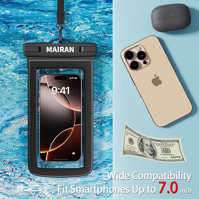 IPX8 Waterproof Phone Pouch Case 2Pack, Water Proof CellPhone Dry Bag for iPhone 16 15 14 13 12 11 Pro Max Plus XS, Galaxy S24 S23 4-7" Protector & Travel Essentials for Beach, Pool, Cruise-Black