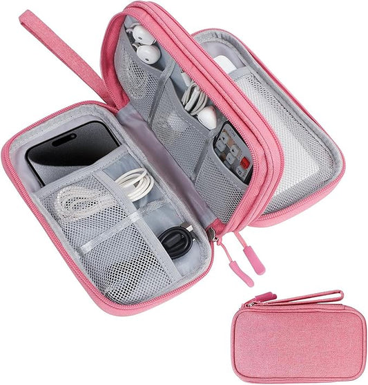 Portable Waterproof Double Layers Travel Cable Organizer Pouch Electronic Accessories Carry Case All-in-One Storage Bag for Cord, Charger, Phone, Earphone, Pink