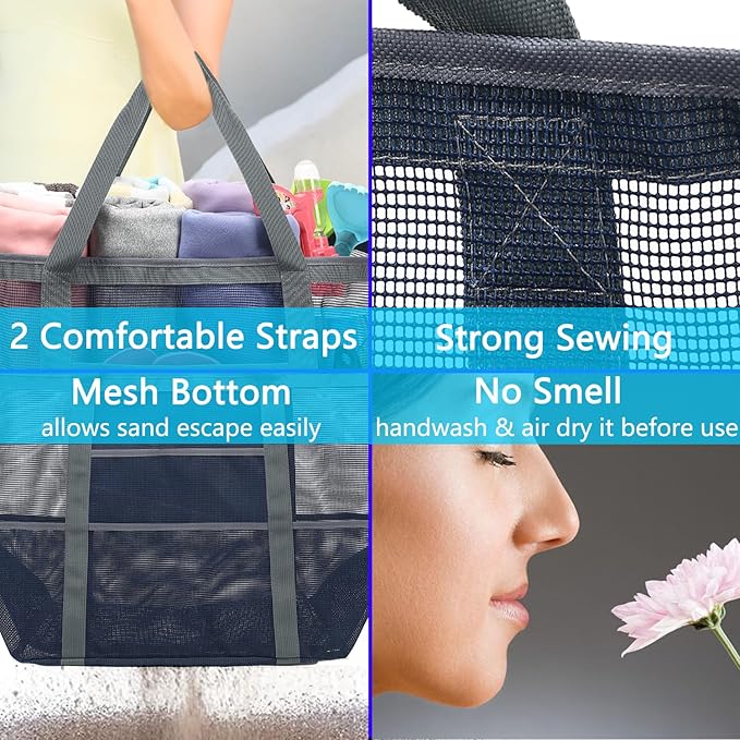 Mesh Beach Bag, Large Beach Tote with Zipper Pocket for Family Pool Bag for Toys & Vacation Essentials
