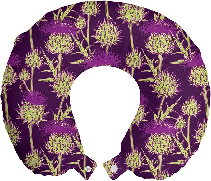 Ambesonne Thistle Travel Pillow Neck Rest, Graphic Background with Vibrant Colored Scottish Thistles Pattern, Memory Foam Traveling Accessory for Airplane and Car, 12", Yellow Green and Purple