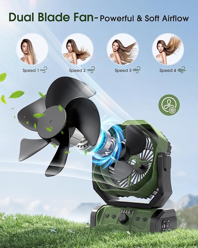 Portable Camping Fan Rechargeable - 20000mAh Cordless Battery Powered Tent Fans with LED Lantern, Remote Auto Oscillating USB C Table Operated Ventilador for Travel Outdoor Beach