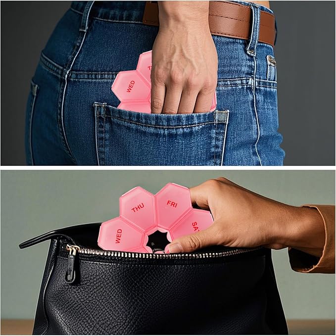 7-Day Weekly Pill Organizer and Daily Vitamin Case - Pill Box for Medication Management (Pinkish-red)