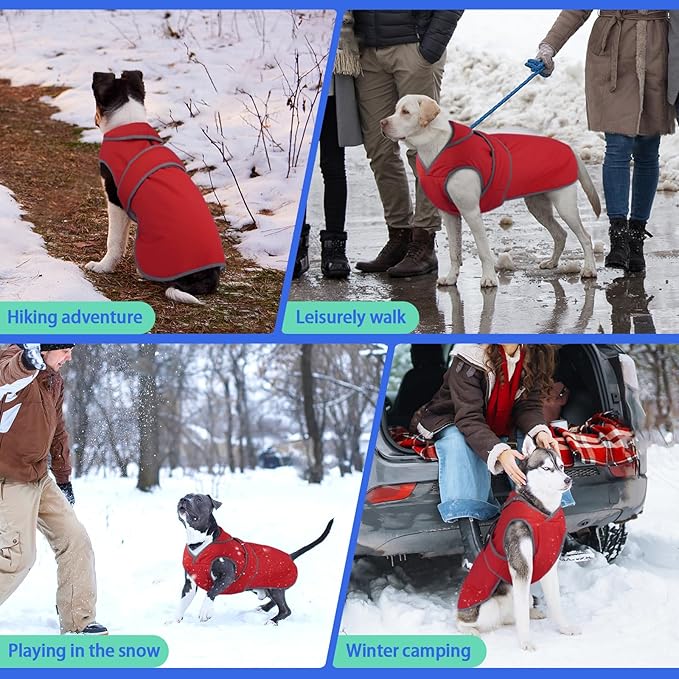 MIGOHI Reflective Waterproof Dog Coat, Medium, Red, Fleece Lined, Stormguard