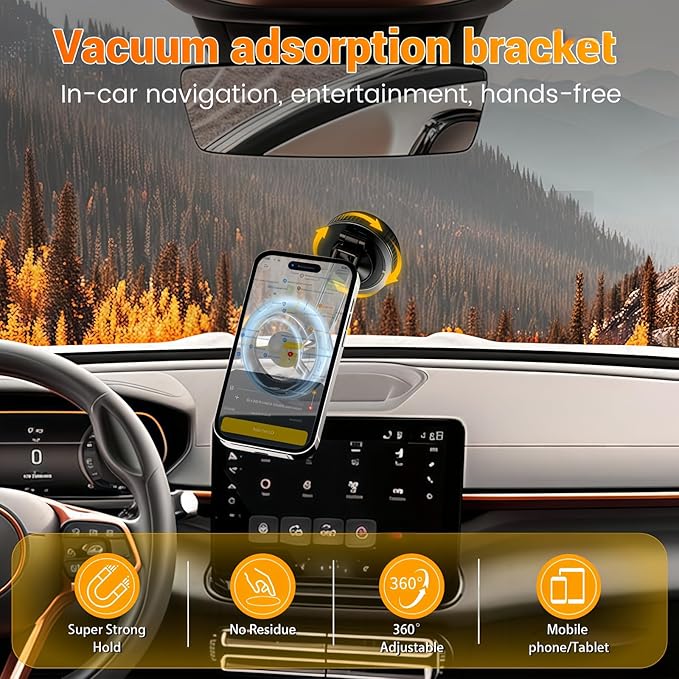 Extended Long Metal Arm Magnetic Car Phone Mount with Strongest Suction Cup, 360° Adjustable Universal Dashboard Windshield Holder for All iPhone Android Cell Phones, Heavy Duty for Car Truck SUV