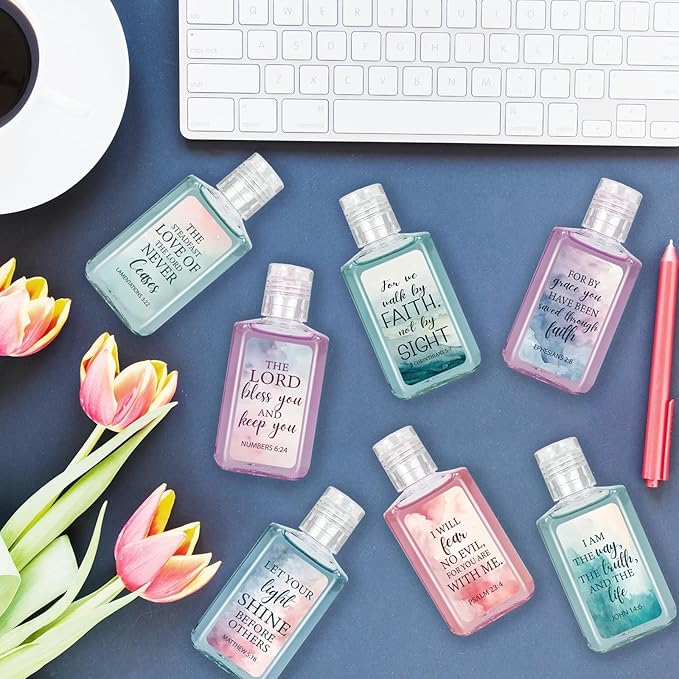 50 Pcs Christian Mini Hand Sanitizer Bulk Bible Verse Hand Sanitizer Religious Inspirational Favors 1fl oz Travel Size Hand Soap Gift for Pastor Church Prayer Christian Party Favors (Watercolor)