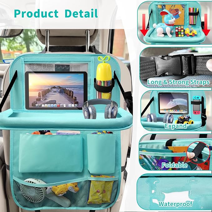 Etre Jeune Backseat Car Organizer with Tablet Holder, 6 Storage Pockets Car Storage Organizer with Foldable Food Tray, Kick Mats Travel Accessories, 2 Pack BLue