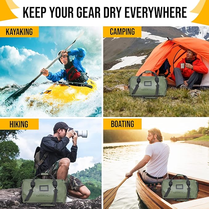 LEGEND Waterproof Duffel Bag - Heavy Duty Duffle Bag for Outdoor, Camping, Boating & Travel, Premium PVC Dry Duffel Bag, Motorcycle Dry Bag with Durable Strap & Handles with Large Storage - 80L Green
