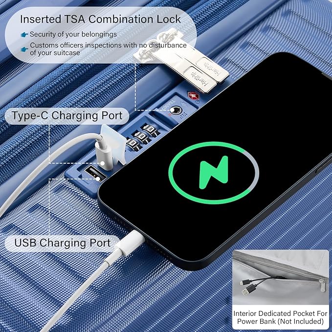 Hard Shell Suitcases Travel Expandable Luggage, 24 Inch Check in Luggage with Spinner Wheels Cup Holder Charger Built in, Checked Medium Suitcase Lightweight Suitcases, Interstellar Blue