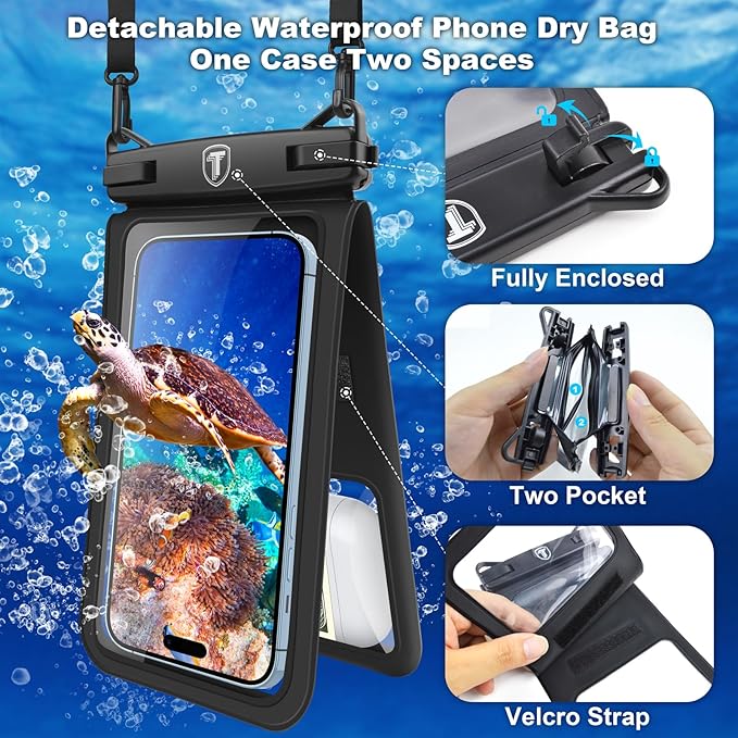 [2-Pack] Tekcoo Double Space Detachable Waterproof Phone Case IPX8 Pouch Lanyard Dry Bag for iPhone 17/16/15/14/13/12/Pro Max/Air/Pro/Xr/Xs/SE, Galaxy S25/S24/S23/S22/S21/FE/A17/A16/A15 up to 7"