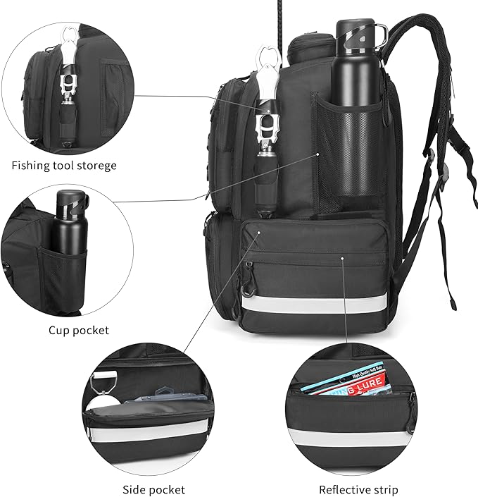 Rabjen Fishing Tackle Backpack, 45L Storage Waterproof Travel Bag Store Fishing Gear with Insulated Top Pocket