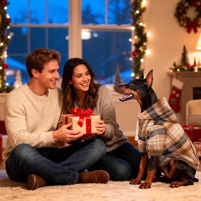 BAOBICUTE Dog Basic Hoodie Soft Dog Clothes Cold Weather Sweaters for Medium Large Dogs Cozy Fabric Warm Sweatshirt with Leash Hole (Khaki Plaid, XS (Back: 10.24",Chest: 14.96", Neck: 11.42"))