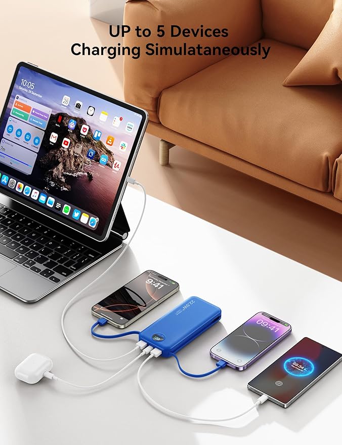 Ultra-Portable-Charger-Power-Bank with Built in Cables&AC Wall Plug,12000mAh PD20W USB-C Fast Charging Cell Phone Charger Battery Pack,LED Display Travel Battery Bank for All iPhone,Samsung,Android