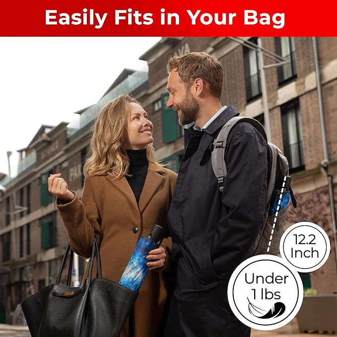 TUMELLA Flip-proof Inverted Travel Umbrella, Small Strong but Light Portable and Automatic Reverse Folding Rain Umbrella, Durable Premium Grip, Fits Car & Backpack