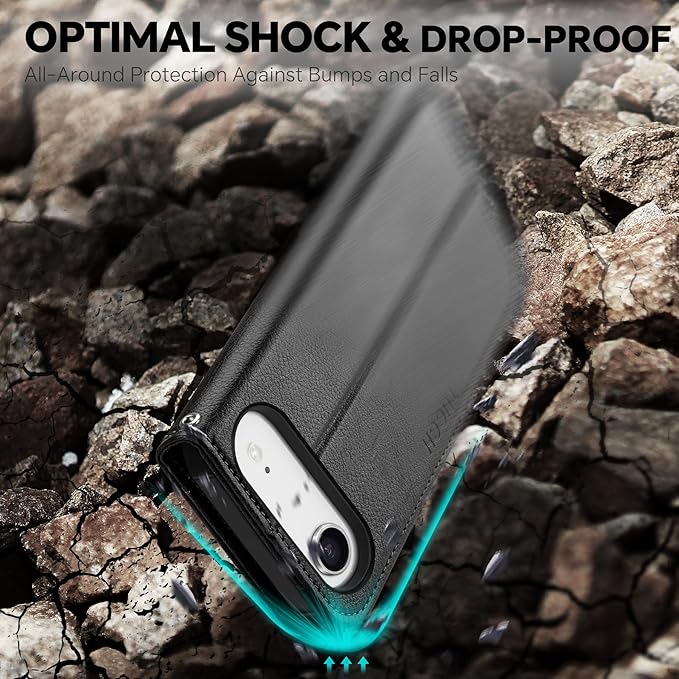 TUCCH Detachable Case Wallet for iPhone Air (6.5") 2025, Removable Wrist Strap, Wireless Charging, Stand, 4 Card Slots RFID Blocking, 2-in-1 Magnetic, PU Leather, Protective Cover, Textured Black