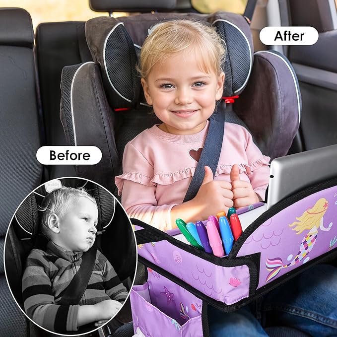 WENRENER 2PCS Kids Travel Tray for Airplane - Toddler Car Seat Table Tray, Road Trip Essentials for Boys & Girls, Carseat Lap Desk for Kids Road Trip Activities (Dark Blue Car/Purple Mermaid)
