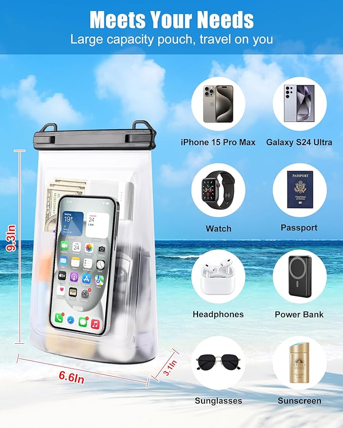 Waterproof Phone Pouch for iPhone 16 15 14 11 Pro Max & Galaxy S24 S21 - Floating Large Capacity Dry Bag Stores Sunscreen, Sunglasses - Oversized Waterproof Bag for Beach, Swimming, Kayaking