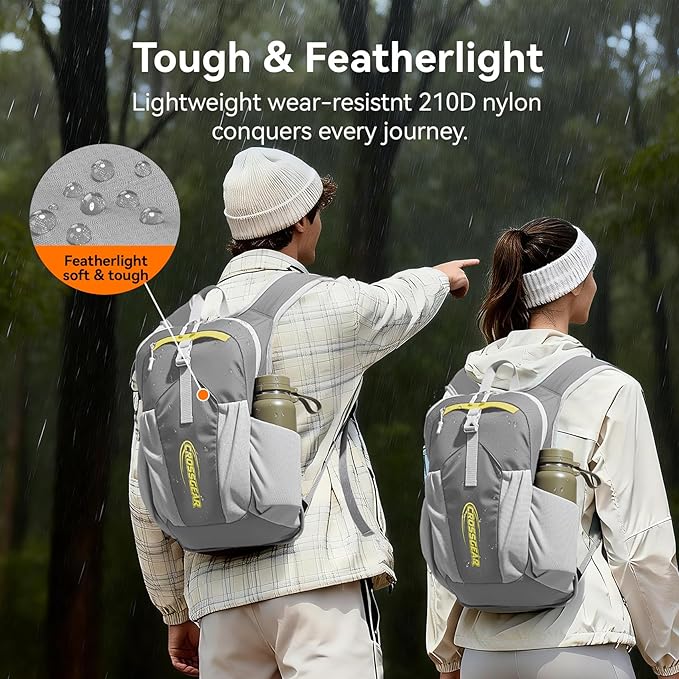 CROSSGEAR Foldable Hiking Backpack, 16L Lightweight Packable Backpack with RFID Pocket, 210D Nylon Fabric, Water Resistant Small Daypack for Women Men Gray