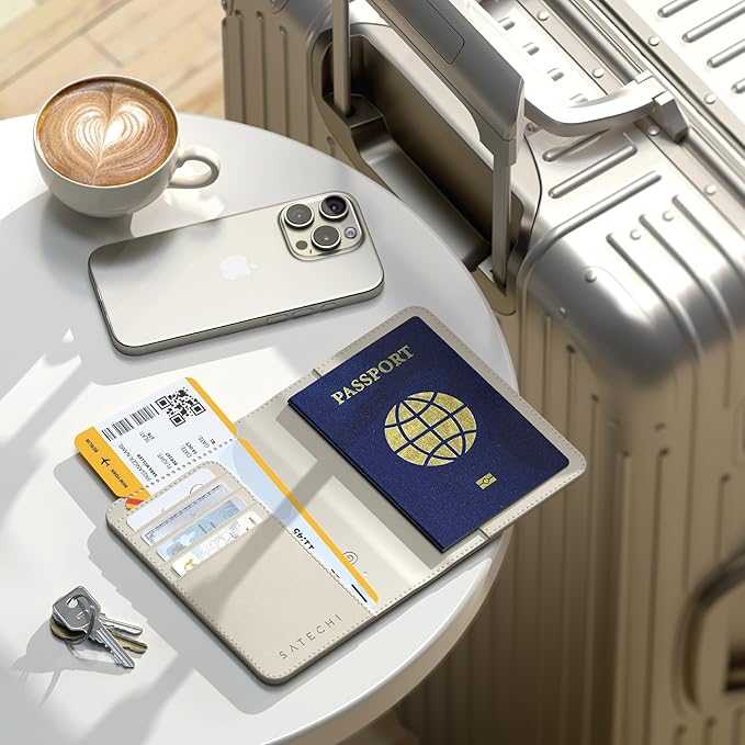 Satechi Passport Holder for Travel with Find My, Passport Cover with 4 Card Holder, Wireless Charging, and RFID protection – Travel Essential Vegan Leather Passport– Sand
