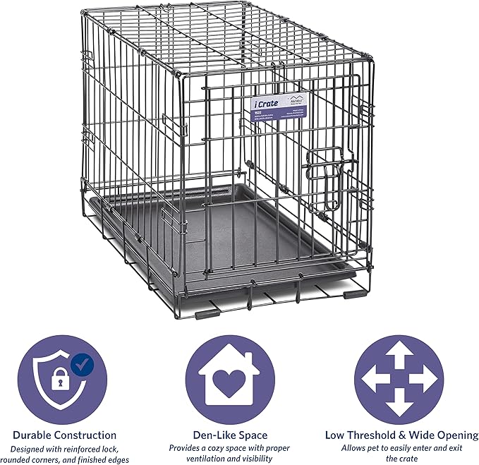 MidWest Homes for Pets 22-Inch iCrate Folding Dog Crate with Divider Panel, Leak-Proof Tray & Secure Latches – Metal Wire Kennel for XS Breeds – Portable, Durable & Easy to Assemble
