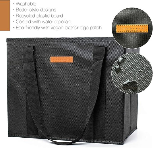 Gramercy Premium Large Reusable Grocery Bags, Heavy Duty 4 Pack – Foldable Shopping Tote Bags With Handles, Washable and Reinforced With Thick Bottom and Sides (Black, 4pcs)