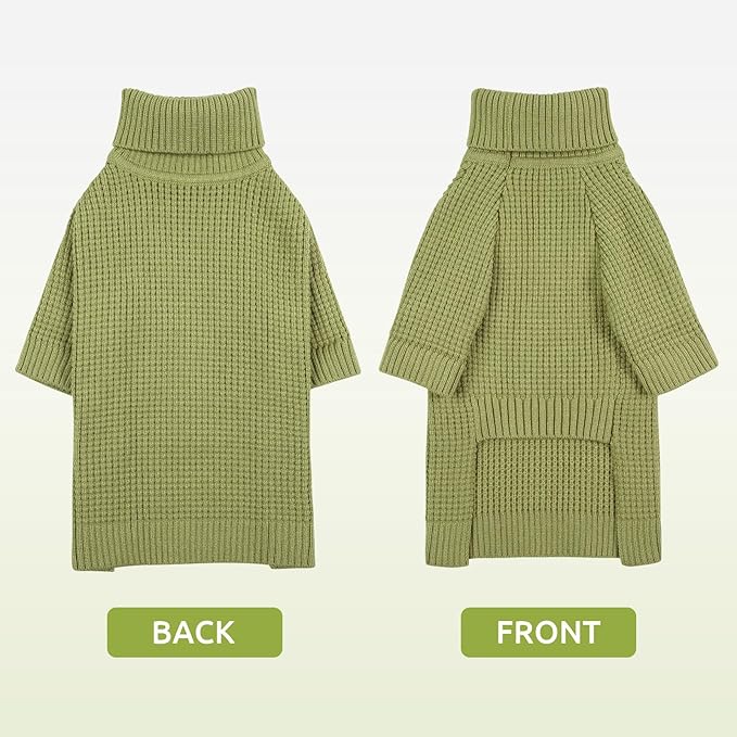 Queenmore Waffle Knit Dog Sweater, Long Sleeve Dog Fall Sweater, Turtleneck Puppy Sweaters, Puppy Sweaters for Cats, Green XS