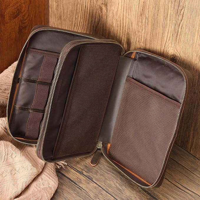 Polare Full Grain Leather Travel Cable Organizer Case Double Layer Electronics Accessories Carry Bag with YKK Zippers Tech Storage Bag for Cables, Power Bank, USB, SD Card