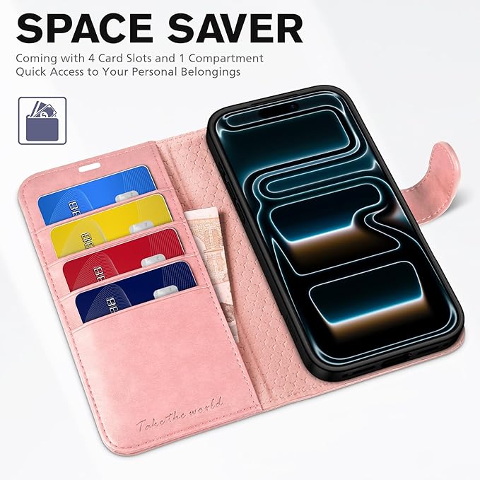 TUCCH Case Wallet for iPhone 17 Pro Max (6.9") 2025, Stand | RFID Blocking | 4 Card Holders | PU Leather | Magnetic Closure Folio Protective Cover | TPU Shockproof Inner Shell | Rose Gold